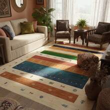1PC Machine Washable Large - Size Bohemian Multicolored Striped Pattern Area Mat Rug Indoor Living Room Decorative Rug With Artistic Retro Multicolored Striped Pattern Design Durable Easy Clean Floor Mat For Home Decoration Kitchen Rug
