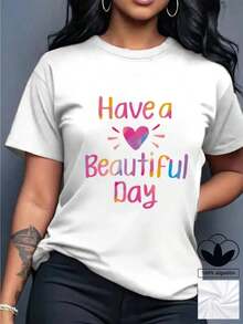 Camiseta casual de mujer, 100% algodón, con estampado gráfico de corazón, camiseta de manga corta con cuello redondo casual y cómoda, ropa de primavera y verano, adecuada para cualquier ocasión, color sólido, casual, uso diario. - Blanco - Ver 2