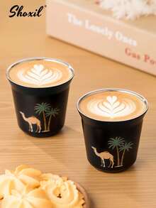 shoxil 1个800毫升黑色咖啡壶，骆驼椰树图案保温壶，保温茶壶，水壶，中东风格茶壶，80毫升茶杯，咖啡杯，水杯，双层保温杯，适用于家庭、咖啡店、斋月 - 黑色 - 查看 8