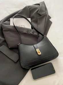 真皮腋下包，时尚女士手提包，纯色单肩包，简约经典女士斜挎包 - 黑色 - 查看 7