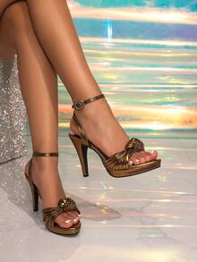 女士新款扭扣尖头青铜色高跟鞋，适合派对礼服、万圣节、圣诞节、新年休闲装 - 銅色 - 查看 1