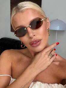 1pc Women's Small Oval Frameless Metal Leg Edgy Small Frame Fashion Glasses, Suitable For Daily Wear For Summer Beach Vacation,Outdoor,Travel,Back To School Accessories - Màu nâu - Xem 3