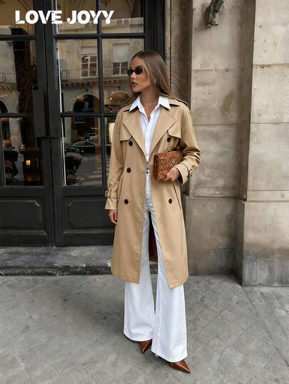 Abrigo de mujer de longitud media LOVE JOYY, abrigo de estilo británico popular, abrigo de longitud hasta la rodilla