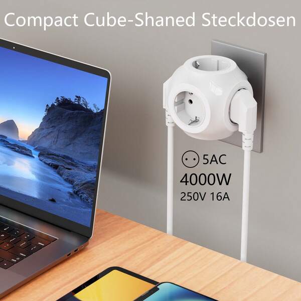 5-In-1 EU Plug Socket, 4000W 16A High Power 5 AC Outlet Power Strip, Suitable For Living Room, Kitchen, Gaming Room, Outdoor And Other Scenarios