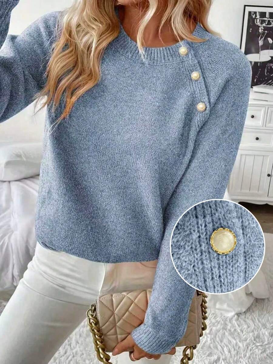 Oblique Button Crew Neck Soft Women Pullover Sweater, Solid Color Ribbed, Suitable For Everyday Wear, Halloween, Christmas, Valentine's Day, Spring/Autumn, Autumn/Winter