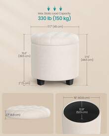SONGMICS Round Ottoman, Ottoman With Storage, 17.7 X 17.7 X 17.5 Inches, Foot Rest With Legs, Velvet, Load Up To 330 Lb, For Living Room, Bedroom - White - View 2