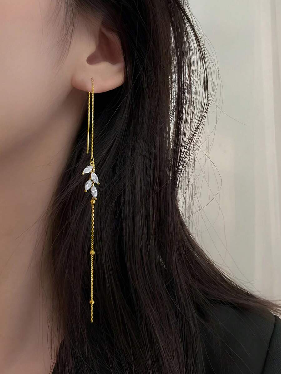 ELSEDES 1pc Fashionable & Elegant S925 Silver Leaf Shaped Sparkling Gemstone Long Tassel Dangle Earrings, Suitable For Daily And Party Wear - Gold - View 1