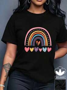 Camiseta casual de mujer, 100% algodón, con estampado gráfico de corazón, camiseta de manga corta con cuello redondo casual y cómoda, ropa de primavera y verano, adecuada para cualquier ocasión, color sólido, casual, uso diario. - Negro - Ver 2