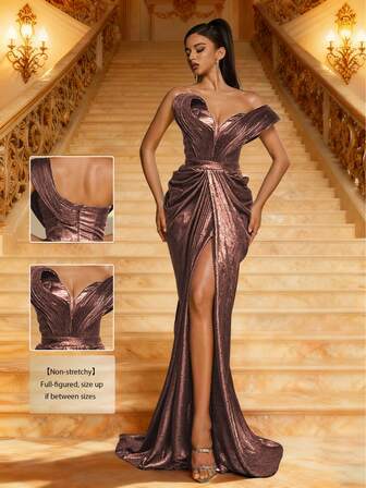 Smilprince 闪亮缎面单肩心形领口褶皱腰身高开衩拖尾优雅奢华正式晚宴舞会礼服