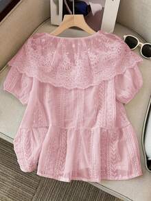 Women's Embroidered Mesh Patchwork Puff Sleeve Single-Breasted Blouse, Autumn - Pink - View 3
