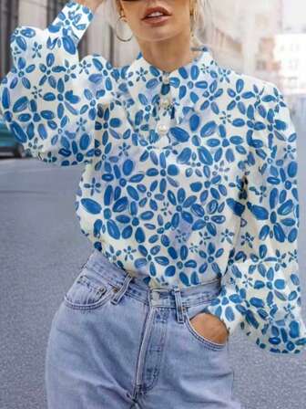 女士优雅花卉印花衬衫，通勤时尚休闲珍珠纽扣领灯笼袖上衣，可机洗易护理，适合商务和假日场合，适合春夏秋冬