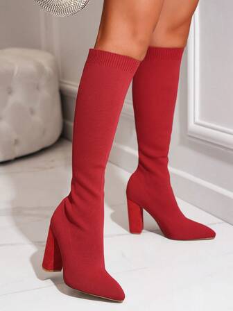 Bottes hautes classiques à bout pointu et talon épais pour femmes, chaudes et sexy, élégantes et confortables, bottes hautes d'automne/hiver, rouge