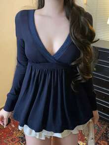 Y2K 阳光女孩风格女士V领性感修身针织长袖上衣，休闲百搭，适合夏季约会和居家穿着。 - 藏蓝色 - 查看 8