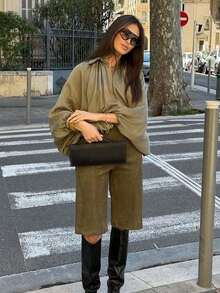 Chaqueta bomber verde oversize para mujer - Chaqueta casual con manga larga y cremallera delantera - Verde militar - Ver 7