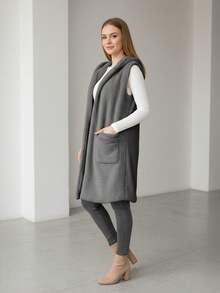 Chaleco largo informal con capucha para mujer con bolsillos delanteros, tejido elástico medio para un estilo cotidiano. - Gris - Ver 2