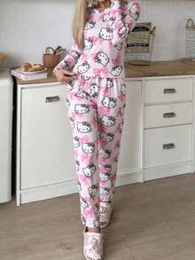 Sanrio 2pcs Women's   Digital Print Comfortable Homewear Long Sleeve T-Shirt Top And Casual Pants Set - Pink - View 4