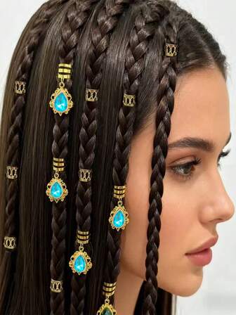 29pcs/28pcs Luxury Alloy Filigree Inlaid Rhinestone Hair Accessory Pendant, DIY Bead Woven Hair Clip Decoration, Baroque Sunflower Pendant, Dirty Braid Hair Ring, Alloy Color Preserving Glass Rhinestone Handmade DIY Headwear, Cross-Border Bohemian Metal Star Moon Hair Buckle, Simple Temperament Spicy Girl Braided Hair Ring, School Supplies, Christmas Gifts, Christmas Decorations, New Year Gifts, Exquisite Gifts For Friends