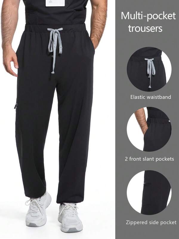 Scrubs For Men Tapered Leg Cargo Scrub Pants With Zip Fly, 5 Pockets Elastic Waist 2-Way Stretch & Easy Care
