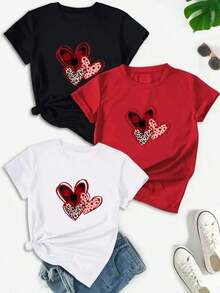 Camiseta casual de mujer, 100% algodón, con estampado gráfico de corazón, camiseta de manga corta con cuello redondo casual y cómoda, ropa de primavera y verano, adecuada para cualquier ocasión, color sólido, casual, uso diario. - Rojo - Ver 1