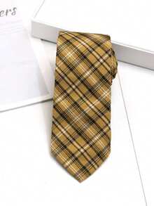 1 件男士黄色格子条纹纹理图案领带，适合学校、场合、约会、婚礼、主持、日常搭配
