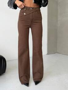 SQUALO Quần jean ống rộng màu sắc có túi dành cho nữ, phong cách đường phố cổ điển, rách và cắt xẻ - Màu nâu Sô-cô-la - Xem 1