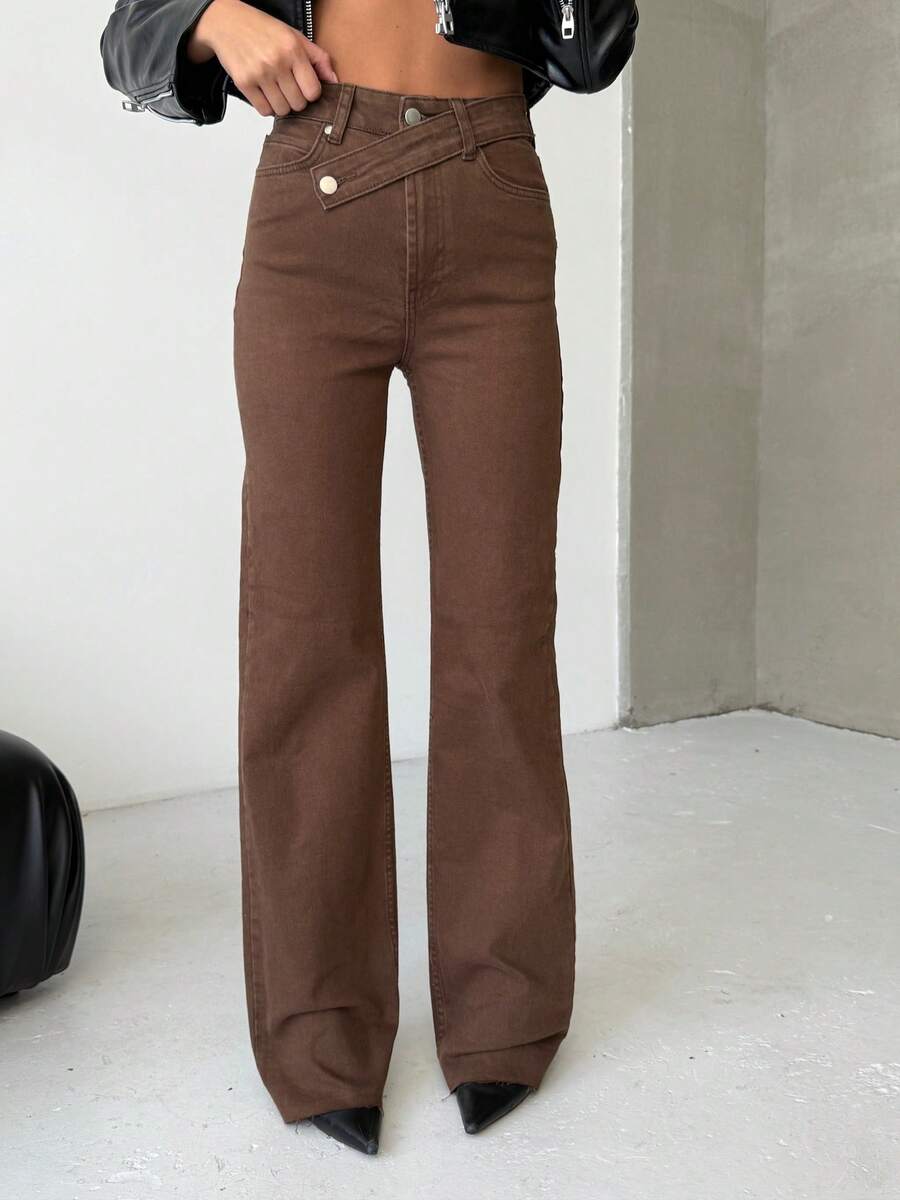 SQUALO Quần jean ống rộng màu sắc có túi dành cho nữ, phong cách đường phố cổ điển, rách và cắt xẻ - Màu nâu Sô-cô-la - Xem 1