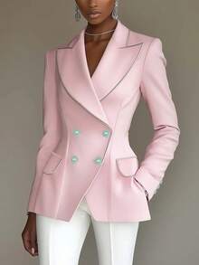 Women's Elegant Daily Commute Double-Breasted Design Blazer - Pink - View 5
