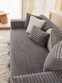 1pc Thick Plush Sofa Cushion Cover, Modern Minimalist Anti-Slip Sofa Seat Pad, Dust-Proof And Washable Sofa Slipcover, Soft And Fade-Resistant, Pet-Friendly, Fits L-Shaped Sofa And 1/2/3/4 Seater Sofa, Suitable For Bedroom, Office, Living Room - Dark Grey - View 5