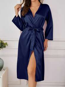 1pc Women's Elegant Spring/Summer Soft Silk Solid Color Sleepwear, Loose Fit Long Sleeve Robe, Breathable Loungewear Suitable For Home Use - Navy Blue - View 4