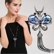 Fashion Sweater Chain Women's High-End Sense Light Luxury Long Necklace Niche Personality Versatile Autumn And Winter Jewelry Pendant - 5.藍水滴羽毛 - 查看 8