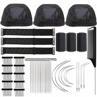 95 Pieces Mesh Dome Cap Stretchable Mesh Wig Caps Black Hair Weaving Thread Hair Extension Accessory Thread With Needles Lot Wig Combs Wig Clips And Adjustable Elastic Bands Wig Straps For Women Men