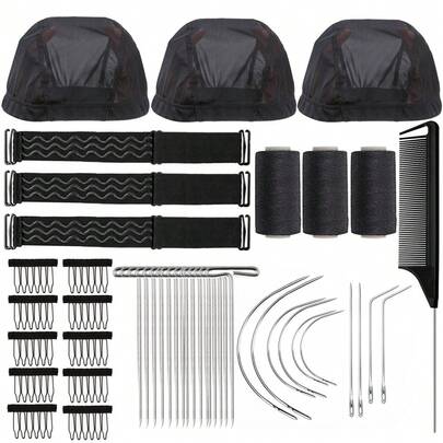 95 pezzi Cappellini a rete a cupola, cappellini a rete elastici, filo nero per intreccio di capelli, accessori per extension, con aghi, lotto di pettini per parrucche, clip per parrucche e fasce elastiche regolabili per parrucche, adatti per donne e uomini
