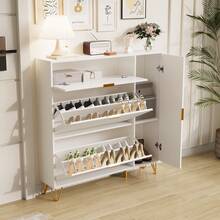 MISNODE Meuble à chaussures blanc avec 2 portes pliantes, étagère à chaussures avec tiroir et étagère de rangement, étagère à chaussures étroite, dispositif anti-basculement, pour entrée couloir couloir chambre salon, 110 x 24 x 114,5 cm - Blanc - Voir 3