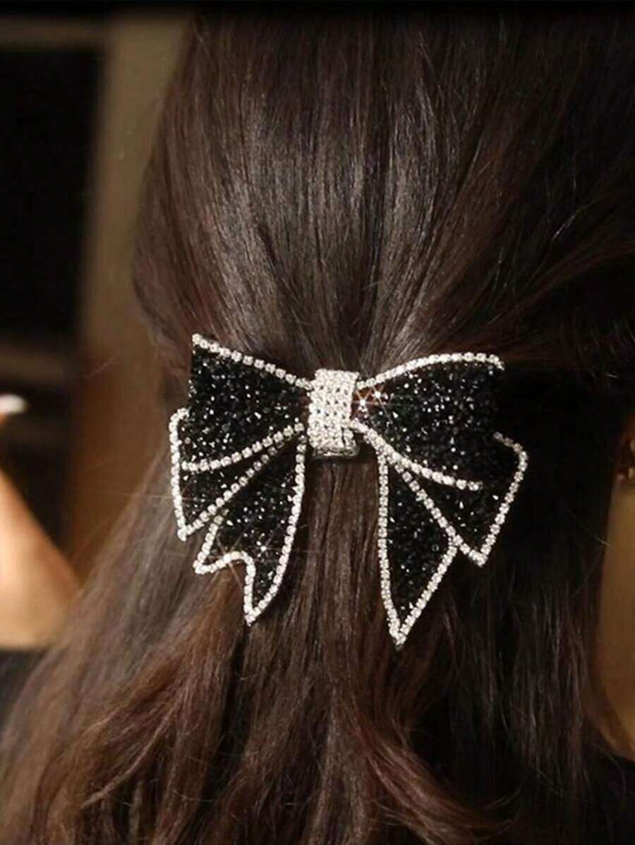 1pc Rhinestone Bowknot Spring Clip Hair Accessory, Suitable For Daily Wear, Bows, Cute, Looks Of Party