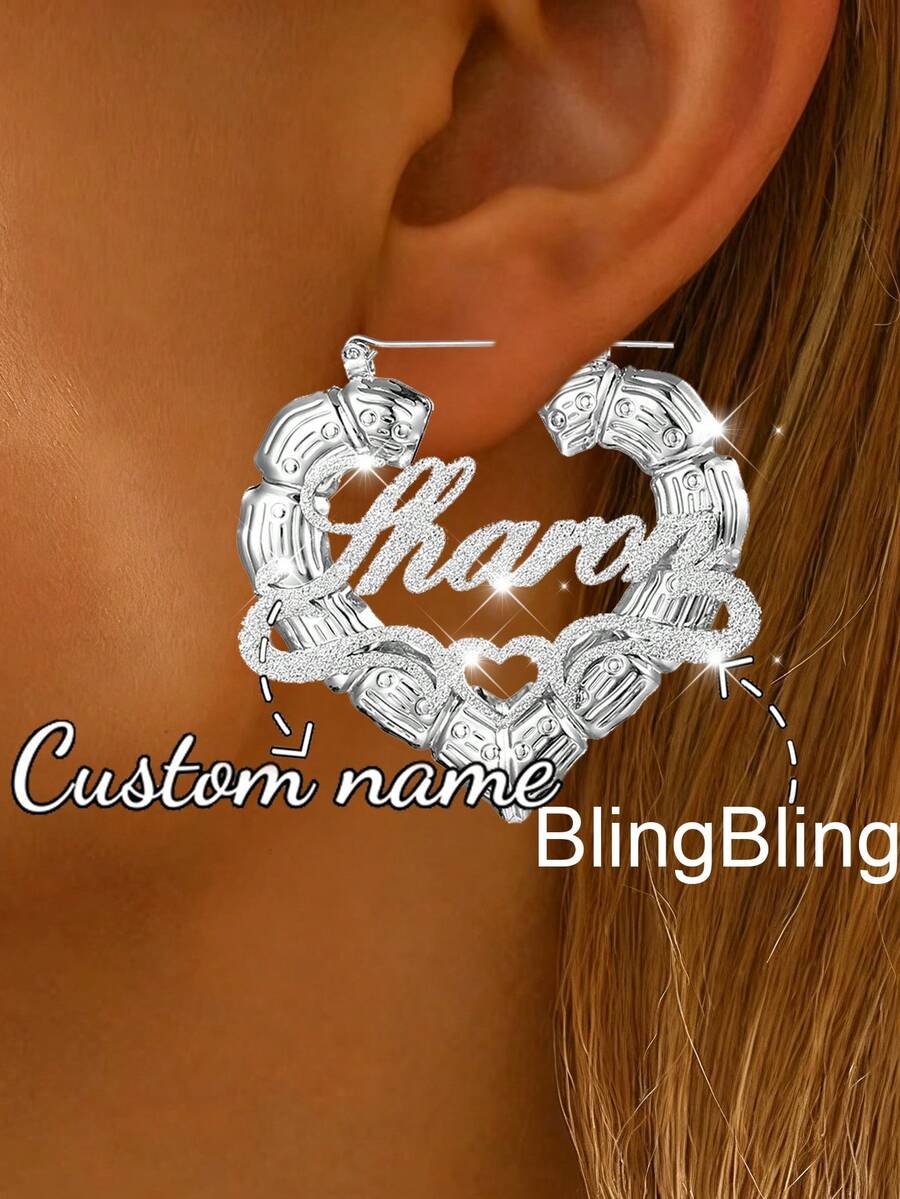 Personalized 80mm Bamboo Knot Name Hoop Earrings, Stainless Steel Custom Name Star Earrings, Jewelry Gift For Women, Christmas - Silver-ordinary Love Sanded Earrings - View 1