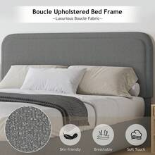 HOMBCK Twin/ Full/ Queen/ King Size Bed Frame, Boucle Upholstered Platform Bed With Headboard, Modern Style, Soft Rounded Corners, No Box Spring Required, Easy Assembly, Beige/ Grey/ Pink/ White/ Light Grey/ Black/ Green - 淺灰色 - 查看 2