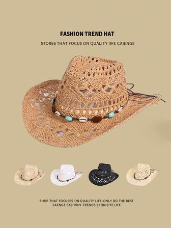 1 件巴拿马草编帽，带串珠镂空装饰，时尚透气，适合海滩、露营、主题公园、派对等春夏户外活动。（帽链配件可定制）