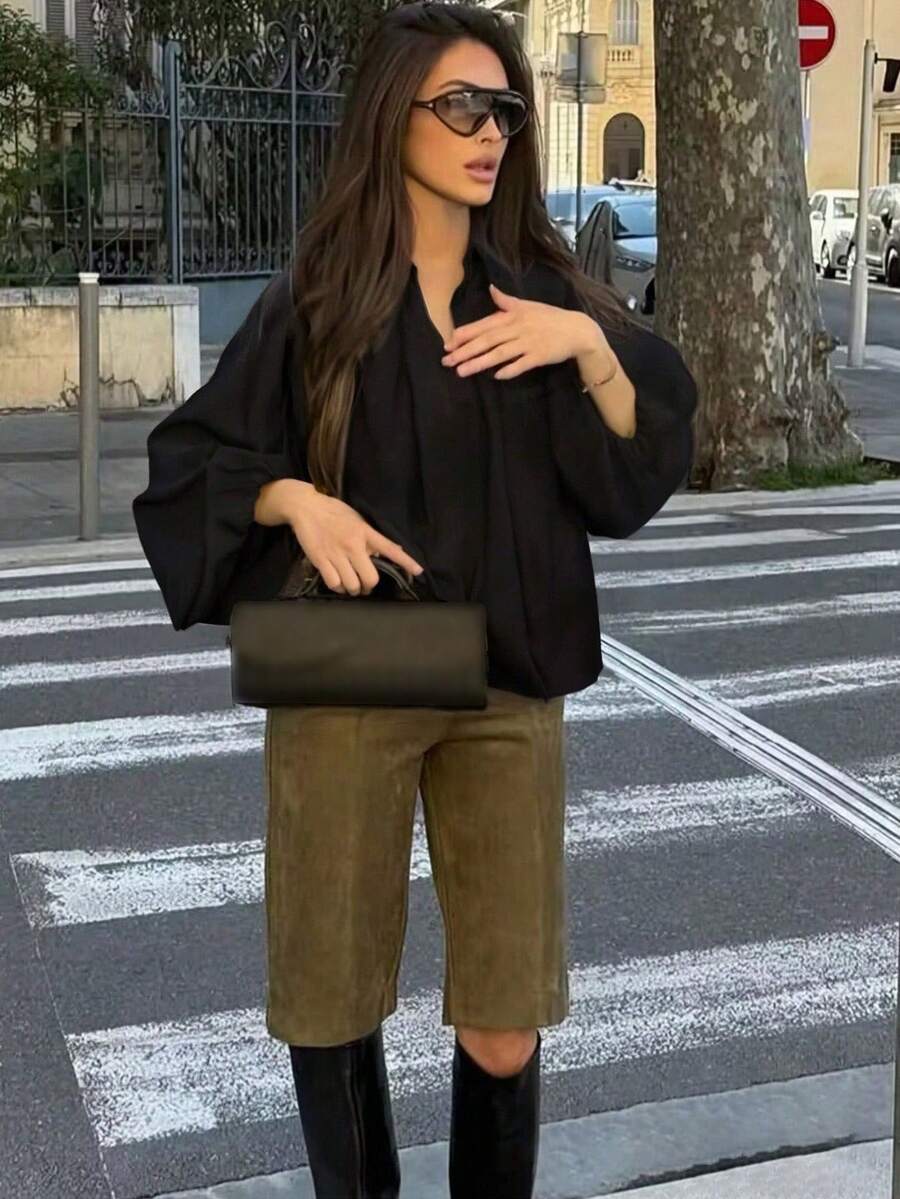 Women's Oversized Black Bomber Jacket - Long Sleeve Front Zipper Casual Outerwear Coat - Black - View 1