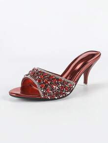 Zapatos de tacón alto para mujer, punta redonda, tacón transparente cómodo, con lujosos rhinestones brillantes, adecuados para fiestas y reuniones