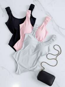 Kit 3 Basic Bodysuits With Thick Straps And Elastic With Discreet Neckline, Shapewear, Versatile Casual Fashion, Casual, Gringa Blogger - 粉紅-灰色-黑色 - 查看 1