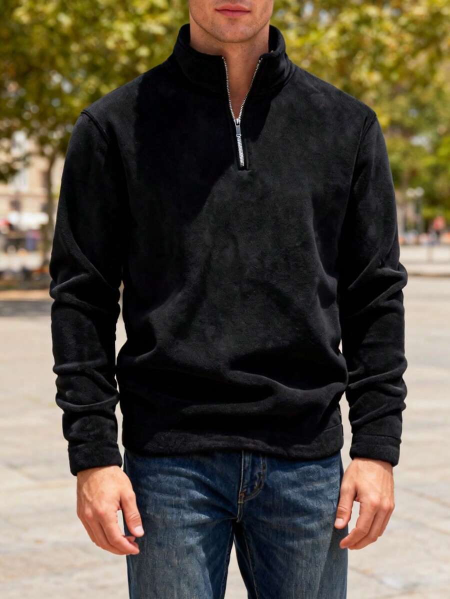 Sudadera casual de hombre de unicolor con cuello alto, otoño - Negro - Ver 1