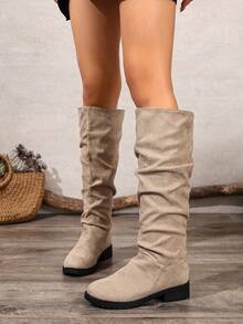 2025秋季新款时尚百搭宽筒靴，女士平底宽松靴（尺码偏小） - 米色 - 查看 5