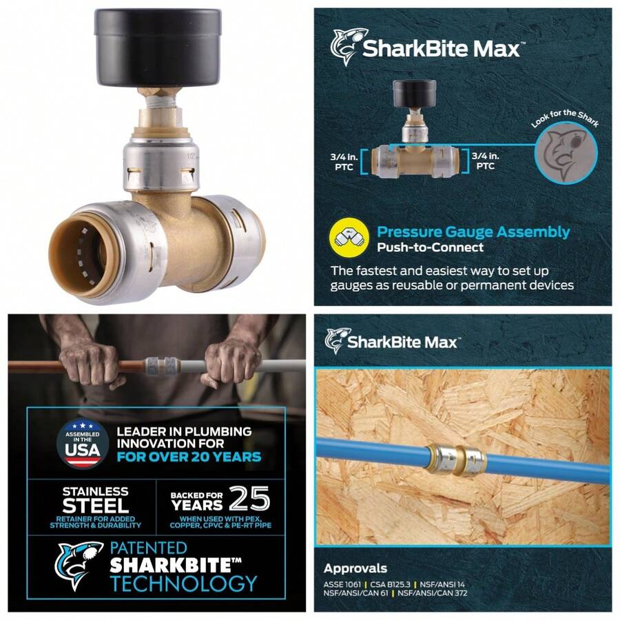 Max 3/4 X 3/4 In Pressure Gauge Tee, Push-To-Connect Brass Plumbing Fitting, UR24438 - 3/4 X 3/4 In. PTC - View 1