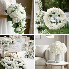 60pcs White Silk Hydrangea Artificial Flowers, Fluffy Faux Hydrangea Flower Heads With Stems, Fake Hydrangeas For DIY Crafts, Table Centerpieces, Wedding Bridal Bouquet, Home Party Arch Garland Decoration - 白色 - 查看 2