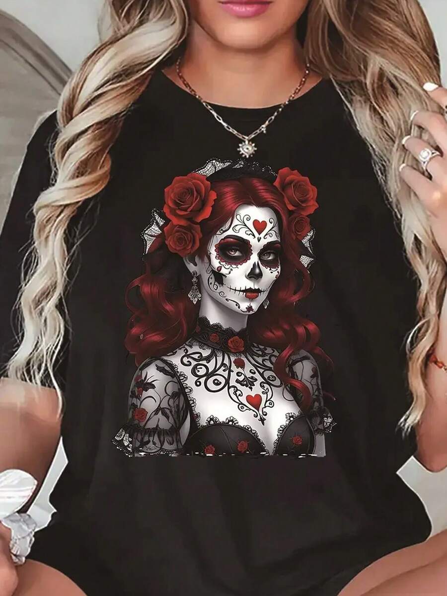 Camiseta mexicana del Día de Muertos para mujer: estampado de calavera de azúcar de Calavera Catrina, en blanco y negro con detalles en rojo, top de cuello redondo de manga corta, lavable a máquina, adecuada para todas las estaciones, adecuada para disfrazarse del Día de Muertos o para uso diario, camisetas navideñas, Halloween, ropa navideña para mujer, camisetas para mujer - Negro - Ver 1