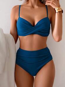 Summer Solid Color Sexy Elegant Bohemian Style Spaghetti Strap Sweet Bikini Swimsuit Beach Holiday 2 Pieces Set