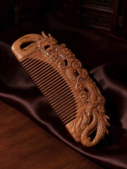 1pc Natural Sandalwood Hand-Carved Comb, Exquisite Dragon Totem Retro Classical Palace Style, Anti-Static Hair Styling Tool For Women, Comes With Elegant Gift Bag