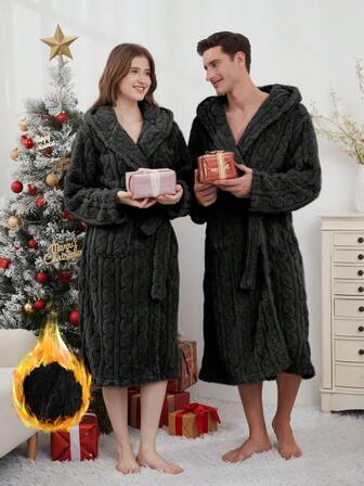 一件柔软舒适的提花抓绒长款连帽浴袍，带口袋，男女通用，秋冬季，蓬松柔软，舒适保暖