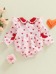 Baby Girl Valentines Day Romper Love Heart Bow Bubble Bodysuit Doll Collar Long Sleeve Smocked Tops For Spring - Hồng - Xem 2