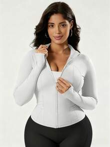 Damen Yoga Jacke in Große Größen, Dehnbar, Langarm Stehkragen Slim Fit Trainingsjacke, Reißverschluss, Ganzjährig für Fitness & Lässig Tragen, Maschinenwäsche, modisches Stoffdesign